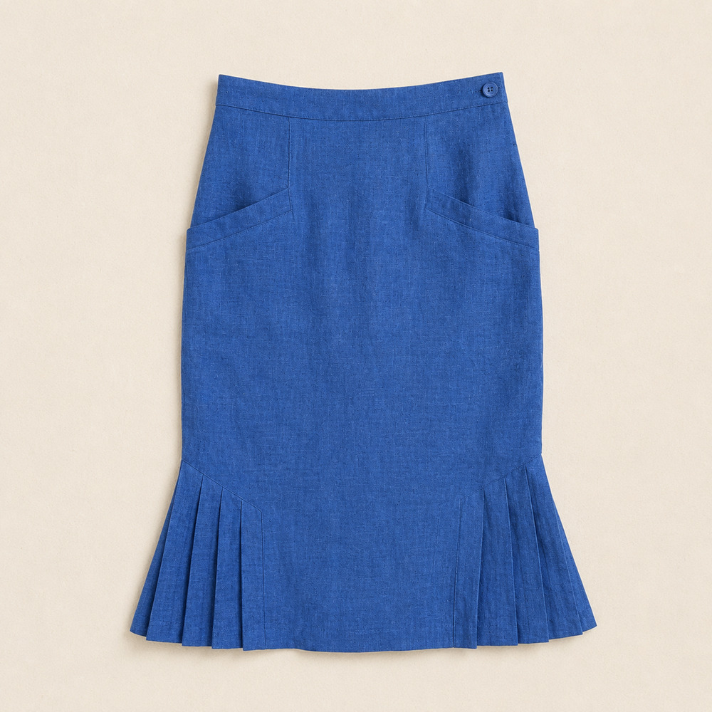 Vintage Chaus Ramie Cotton Midi Skirt Size 8 Blue Pleated Hem Angled Pockets